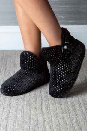 Diamante Trim Faux Fur Bootie Slipper  - Black