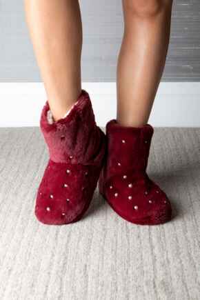 Pearl Trim Faux Fur Bootie Slipper - Berry