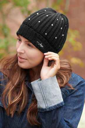 Diamante Logo Ribbed Beanie Hat  - Black