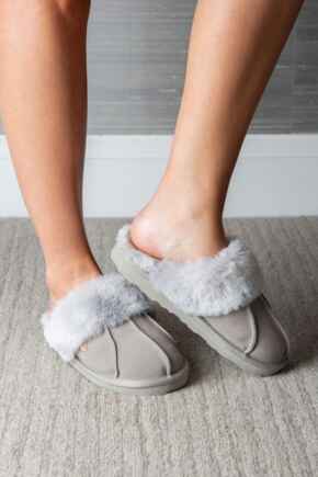 Faux Fur Trim Suede Mule Slipper  - Grey