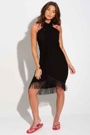 Fringe Trim Crinkle Woven Multiway Sarong  - Black