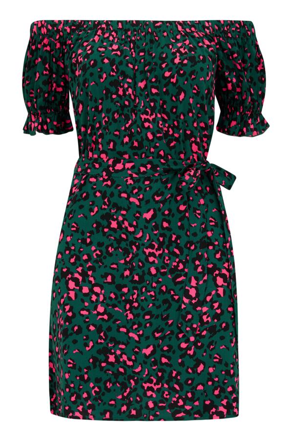 Woven Puff Sleeve Removable Belted Bardot Dress