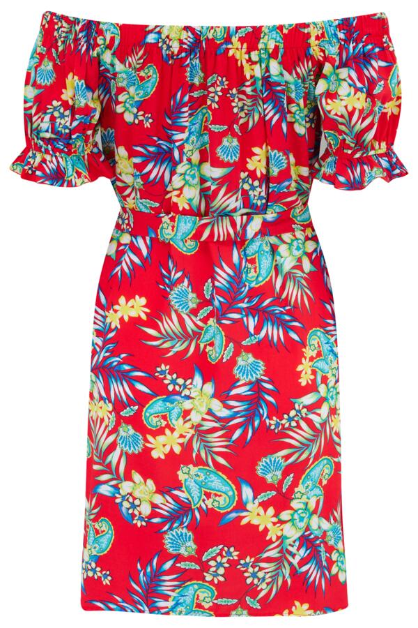 Woven Puff Sleeve Removable Belted Bardot Dress