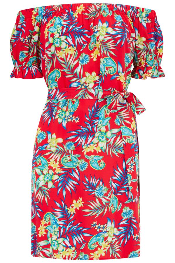 Woven Puff Sleeve Removable Belted Bardot Dress