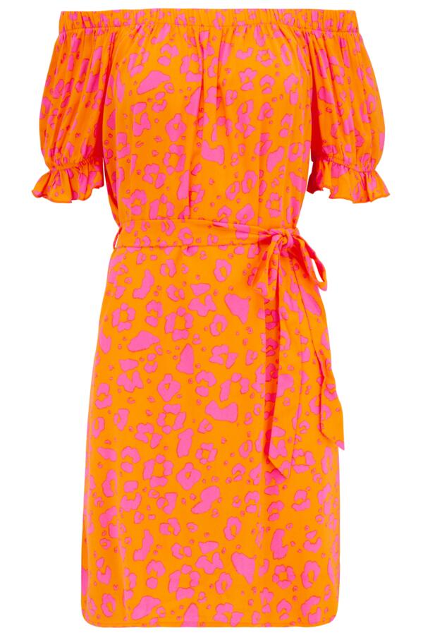 Woven Puff Sleeve Removable Belted Bardot Dress