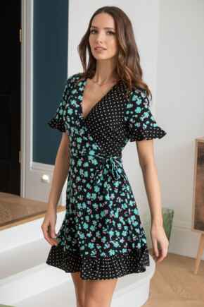 Birdie Fuller Bust Frill Detail Slinky Stretch Dress - Black Mix