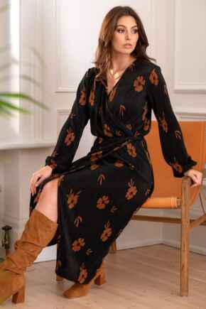 Jada Fuller Bust Plisse Long Sleeve Wrap Midi Dress - Black/Chocolate