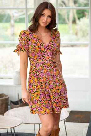 Bella Fuller Bust Slinky Stretch Tie Sleeve Tea Dress - Ditsy Floral