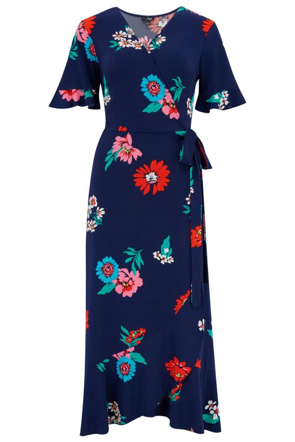 Megan Fuller Bust Slinky Jersey Frill Detail Midi Wrap Dress