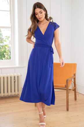 Julie Fuller Bust Slinky Jersey Lace Trim Midi Dress - Cobalt