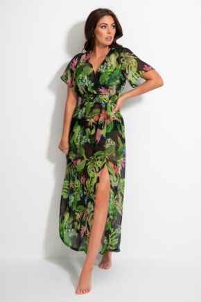 Short Sleeve Chiffon Wrap Maxi Kaftan - Tropical