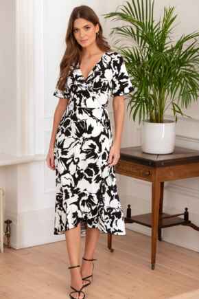 Megan Fuller Bust Slinky Jersey Frill Detail Midi Wrap Dress - Mono Floral
