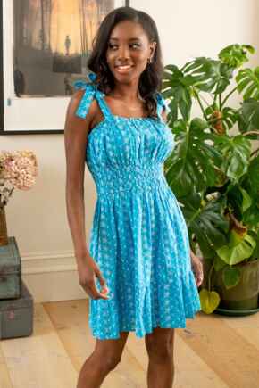 Hannah Fuller Bust Embroidered Woven Tie Strap Dress - Aqua/White