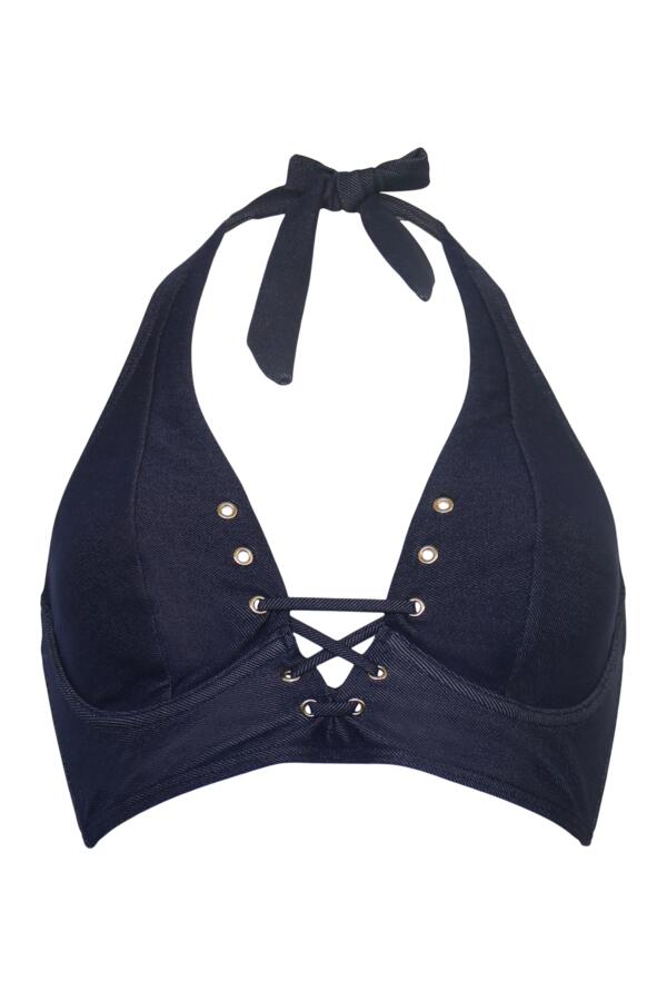 Adelaide Denim Underwired Lace Up Longline Bikini Top