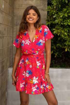 Woven Tiered Wrap Dress - Red Tropical