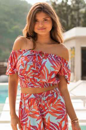 Crinkle Viscose Bardot Smock Tie Co-Ord Top - Aqua Palm