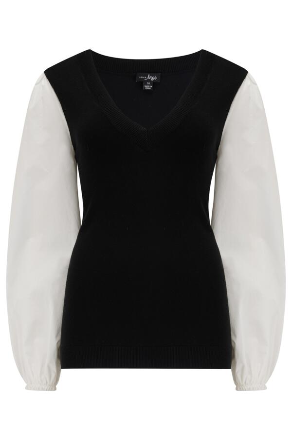 Reese V-Neck Knit Jumper With Poplin Sleeves