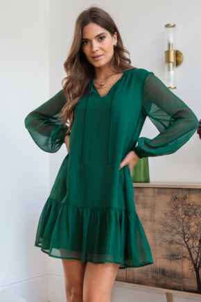 Sian Chiffon Long Sleeve Tiered Boho Dress - Forest