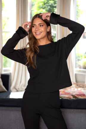 Faux Fur Trim Rib Jersey Loungewear Set - Black