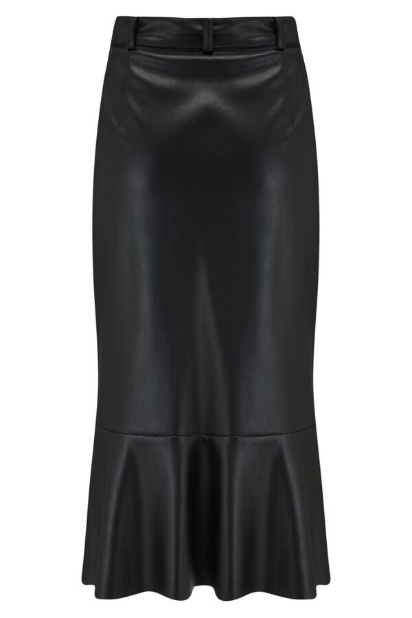 Phoebe Frill Hem Faux Leather Belted Midi Skirt
