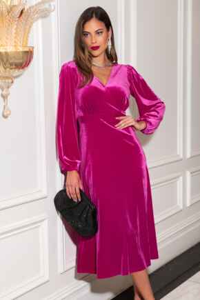 Charlotte Tie Back Stretch Velvet Long Sleeve Midi Dress - Magenta
