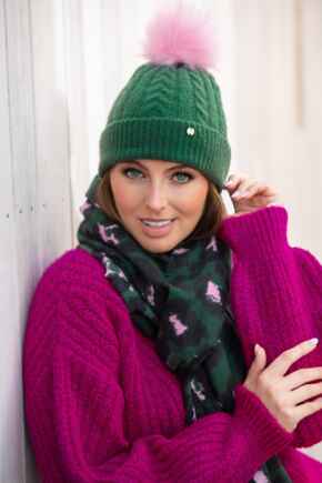 Cable Knit Contrast Pom Beanie Hat - Forest/Light Pink