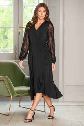 Carrie Lace Sleeve Midi Slinky Jersey Wrap Dress - Black