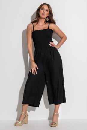 Strapless Shirred Bodice Crop Leg Beach Jumpsuit - Black