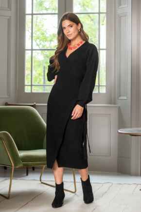 Elle Knit Midi Wrap Dress - Black