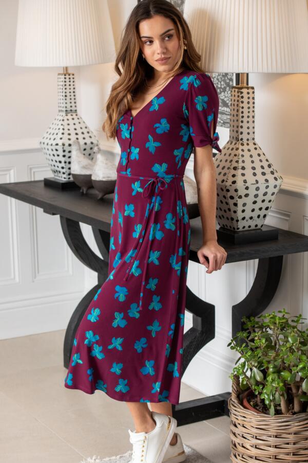 Bella Fuller Bust Slinky Stretch Tie Sleeve Midi Dress