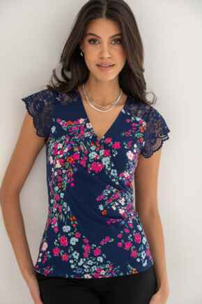 Julie Fuller Bust Slinky Jersey Lace Trim Wrap Top - Navy Mix