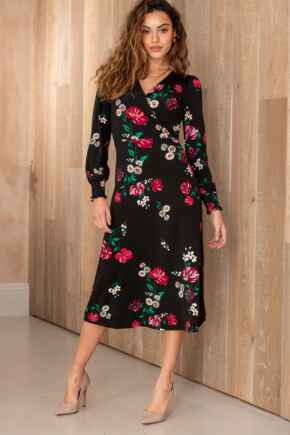 Lucinda Jersey Lace Detail Long Sleeve Midi Dress - Black Multi