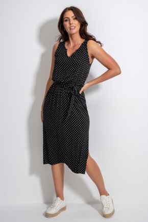 Jessie Fuller Bust Notch Neck Stretch Midi Dress - Black/White Spot