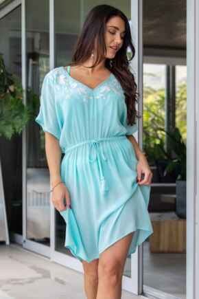 Crinkle Embroidered Beach Kaftan - Aqua