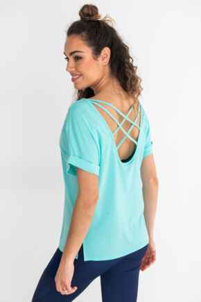 Energy Cross Back Short Sleeve Yoga Top - Aqua