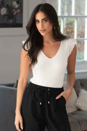 Sara Broderie Frill Sleeve Rib Knit Vest - Ivory