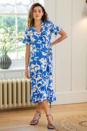 Megan Fuller Bust Slinky Jersey Frill Detail Midi Wrap Dress - Blue/White