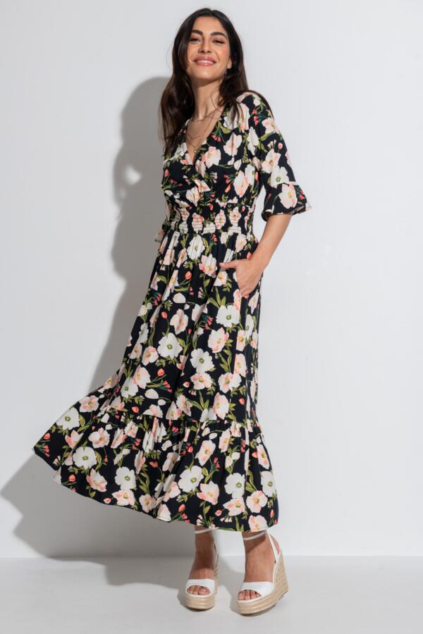 Carmen Fuller Bust Elasticated Neckline Woven Midaxi Dress