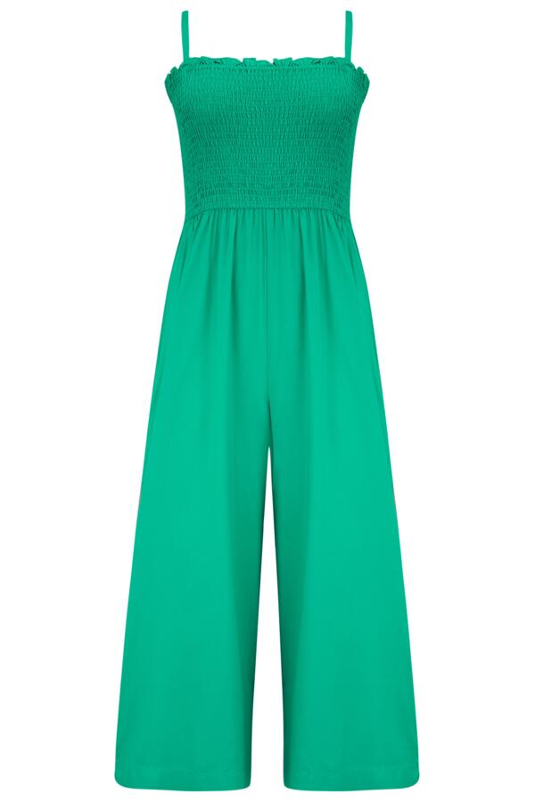 Strapless Shirred Bodice Crop Leg Beach Jumpsuit