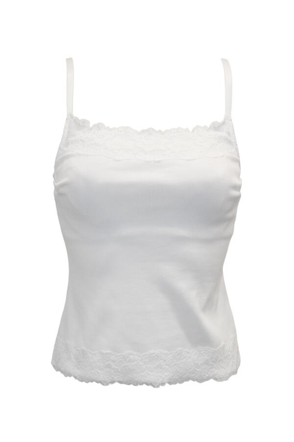 Ribbed Cotton Lace Trim Hidden Bra Cami Top D-J