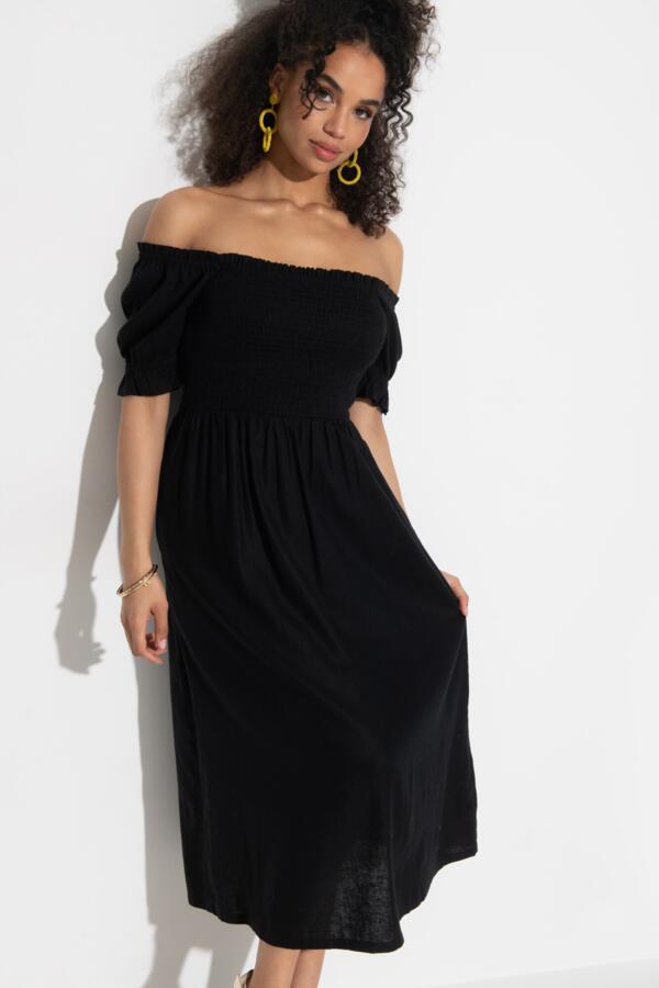 Daisy Shirred Bodice Short Sleeve Linen Blend Midi Dress