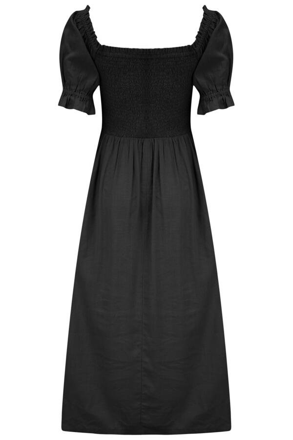 Daisy Shirred Bodice Short Sleeve Linen Blend Midi Dress