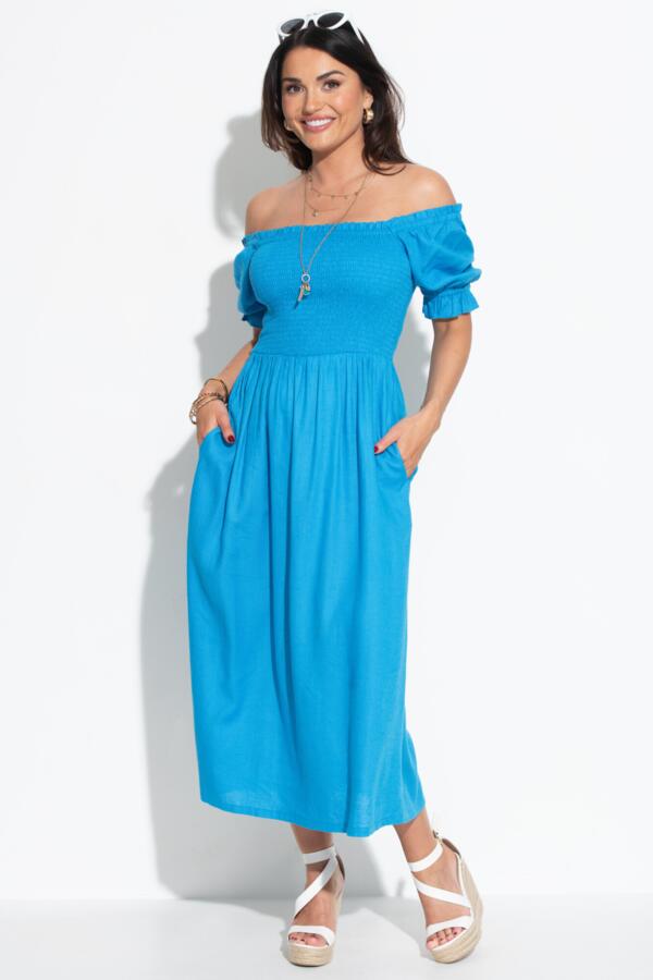 Daisy Shirred Bodice Short Sleeve Linen Blend Midi Dress