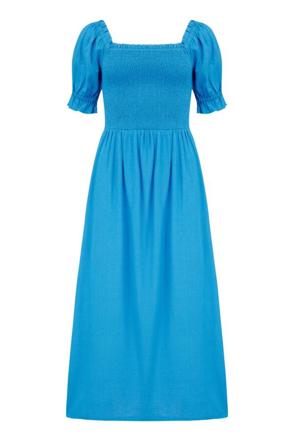 Daisy Shirred Bodice Short Sleeve Linen Blend Midi Dress