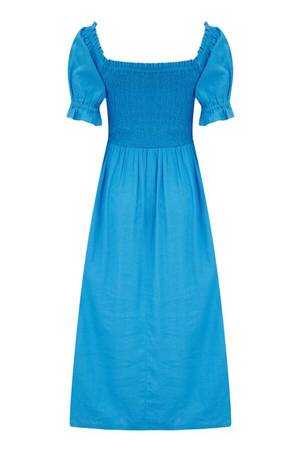 Daisy Shirred Bodice Short Sleeve Linen Blend Midi Dress