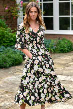 Carmen Fuller Bust Elasticated Neckline Woven Midaxi Dress - Black Floral