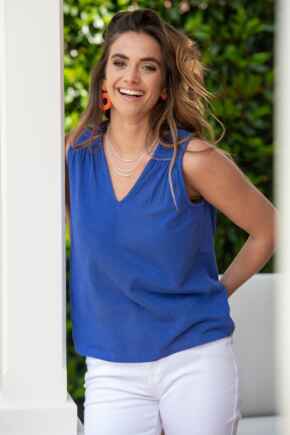 Maya Cotton Slub Jersey Built-Up V-Neck Vest - Cobalt