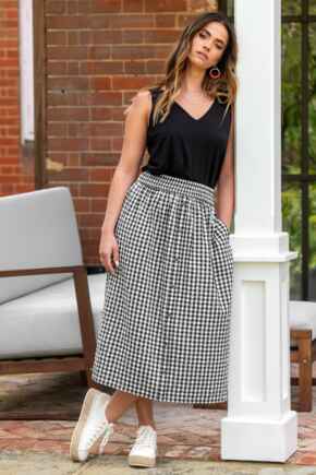 Deanna Shirred Waist Button Detail Woven Midi Skirt  - Black/White