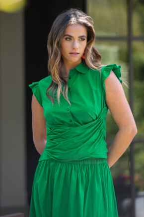Shae Cotton Poplin Twist Tie Frill Sleeve Co-Ord Shirt  - Green