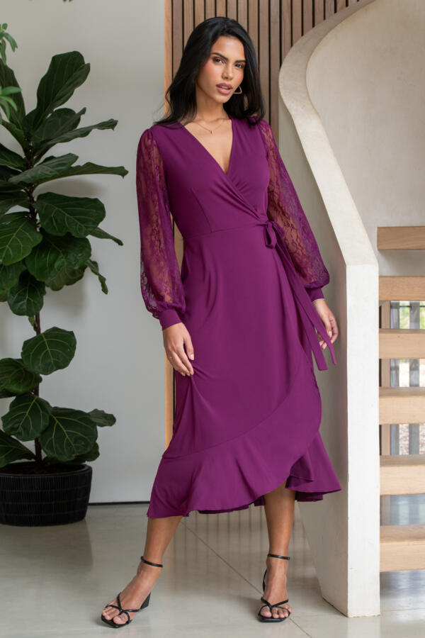 Carrie Lace Sleeve Midi Slinky Jersey Wrap Dress